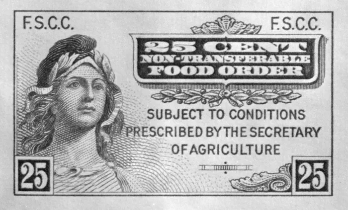 Framed Print : First Food Stamp Program operated from May 16 1939 through the Spring of 1943. The program made agricultural surpluses such as pork available to needy people at reduced prices