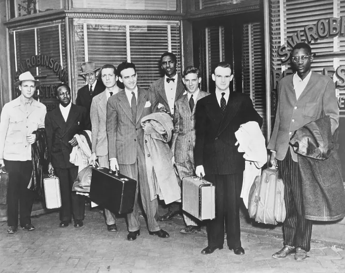 Framed Print : The first Freedom Riders holding suitcases outside the office of Attorney S.W. Robinson. Richmond, Virginia on April 9, 1947 Framed Print : The first Freedom Riders holding suitcases outside the office of Attorney S.W. Robinson. Richmond, Virginia on April 9, 1947