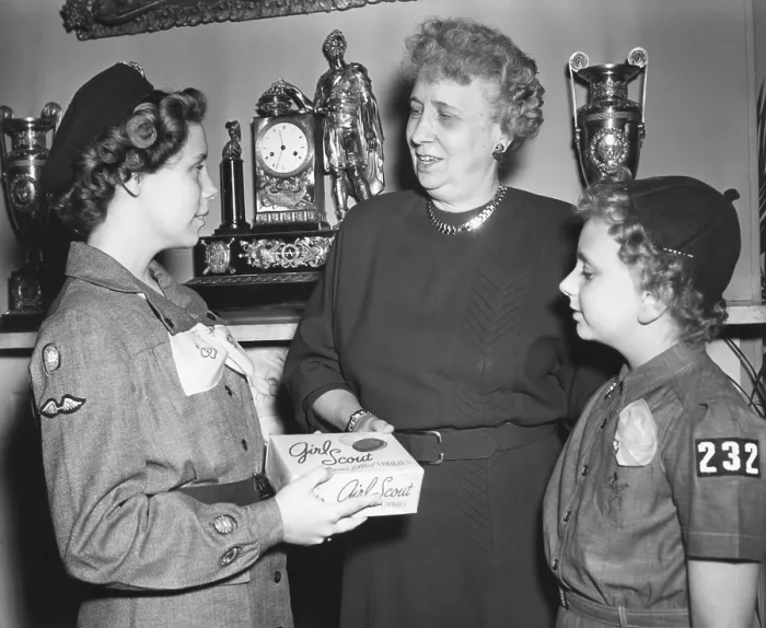 Framed Print : First Lady Bess Truman purchases the first box of cookies to start the annual Girl Scout fundraiser. Feb. 24, 1950. - (BSLOC_2014_15_94) Framed Print : First Lady Bess Truman purchases the first box of cookies to start the annual Girl Scout fundraiser. Feb. 24, 1950. - (BSLOC_2014_15_94)