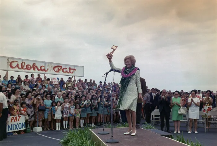 Framed Print : First Lady campaigning in Hawaii. A crowd of mostly women applaud as Pat Nixon receives a Key to the City of Hilo on the Big Island. Aug. 31 1972 Framed Print : First Lady campaigning in Hawaii. A crowd of mostly women applaud as Pat Nixon receives a Key to the City of Hilo on the Big Island. Aug. 31 1972