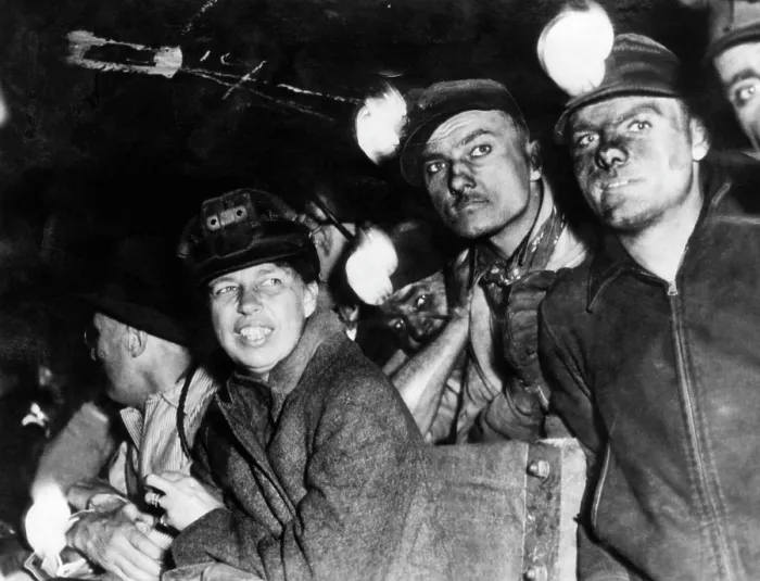 Framed Print : First Lady Eleanor Roosevelt (second from left), visiting the Willow Grove coal mine in Ohio, April 1935.. Courtesy: CSU Archives  /  Everett Collection