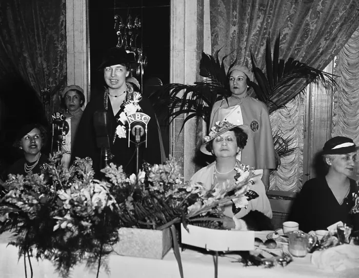 Framed Print : First Lady Eleanor Roosevelt speaks at luncheon of Womens League of United Synagogues in 1936. L-R: Mrs. Morris Gewirz, Mrs. Roosevelt, and Mrs. Samuel Spiegal (BSLOC_2016_14_100)
