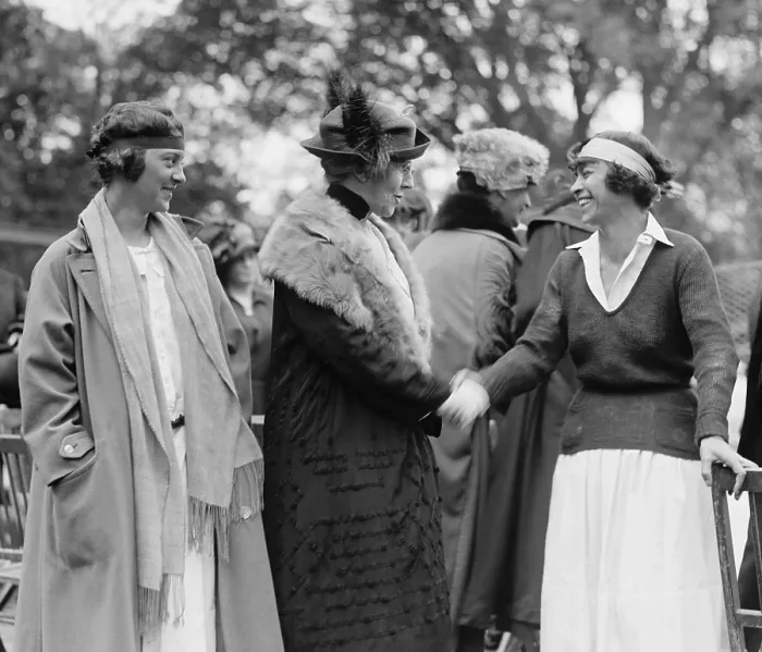 Framed Print : First Lady Florence Harding shaking hands with tennis champion, Molla Mallory. Marion Jessup looks on at the White House tennis court. May 10, 1922. (BSLOC_2015_16_5)