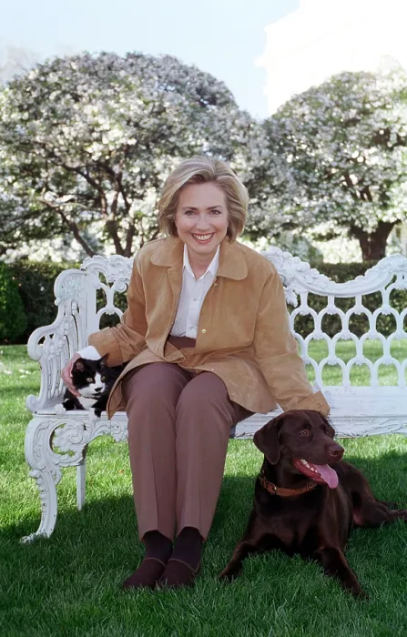 Framed Print : First Lady Hillary Rodham Clinton with Socks the Cat and Buddy the Dog on the White House Lawn. April 7, 1999. (BSLOC_2015_2_205) Framed Print : First Lady Hillary Rodham Clinton with Socks the Cat and Buddy the Dog on the White House Lawn. April 7, 1999. (BSLOC_2015_2_205)