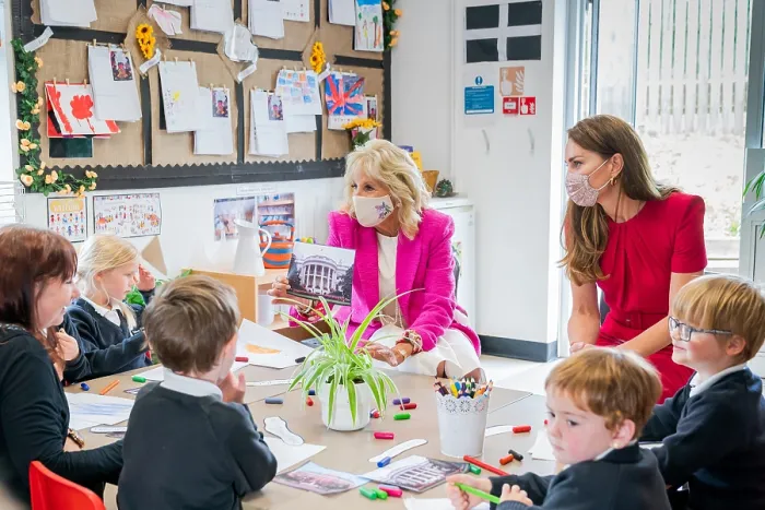 Framed Print : First Lady Jill Biden and Catherine, the Duchess of Cambridge, visit a classroom at Connor Downs Academy, June 11, 2021