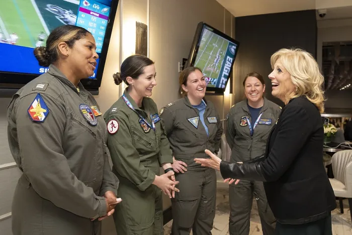 Framed Print : First Lady Jill Biden greets female US military pilots who participated in the pre-game all-women flyover at the Super Bowl, Phoenix, Arizona, Feb. 12, 2023 (BSLOC_2023_6_60) Framed Print : First Lady Jill Biden greets female US military pilots who participated in the pre-game all-women flyover at the Super Bowl, Phoenix, Arizona, Feb. 12, 2023 (BSLOC_2023_6_60)
