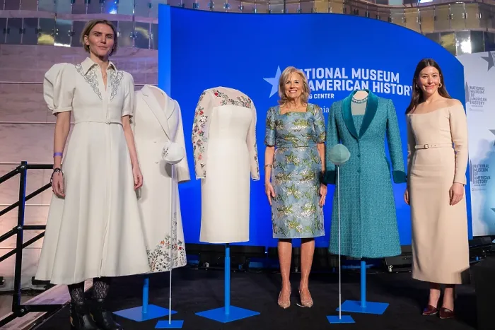 Framed Print : First Lady Jill Biden, joined by designers Gabriela Hearst, left, and Alexandra O'Neill of Markarian, poses with her inaugural ensembles and dresses evening gowns on Jan Framed Print : First Lady Jill Biden, joined by designers Gabriela Hearst, left, and Alexandra O'Neill of Markarian, poses with her inaugural ensembles and dresses evening gowns on Jan