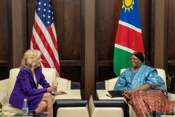 Framed Print : First Lady Jill Biden meets with Deputy Prime Minster of Namibia, Netumbo Nandi-Ndaitwah, to discuss women's empowerment in their respective countries, Feb