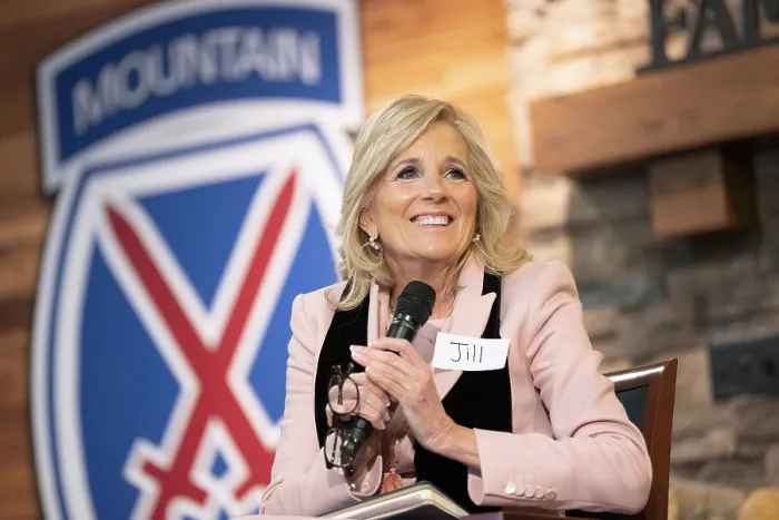 Framed Print : First Lady Jill Biden speaks informally with military families about the need for military spouse employment, which is at a high of 22%. Jan. 30, 2023, at Fort Drum, New York