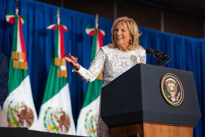Framed Print : First Lady Jill Biden speaks to the staff of American embassy in Mexico City, Jan. 8, 2023. She shared the speakers podium with Sec