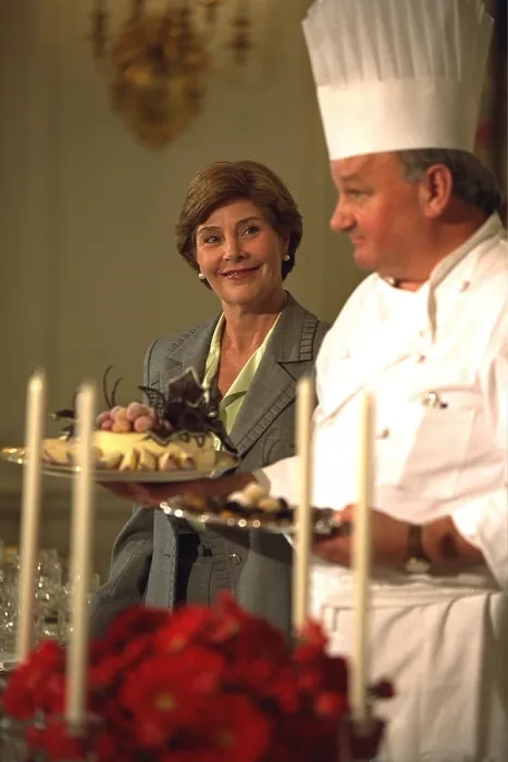 Framed Print : First Lady Laura Bush and White House Pastry Chef Roland Mesnier Participate in the Press Preview for the State Dinner for President and Mrs