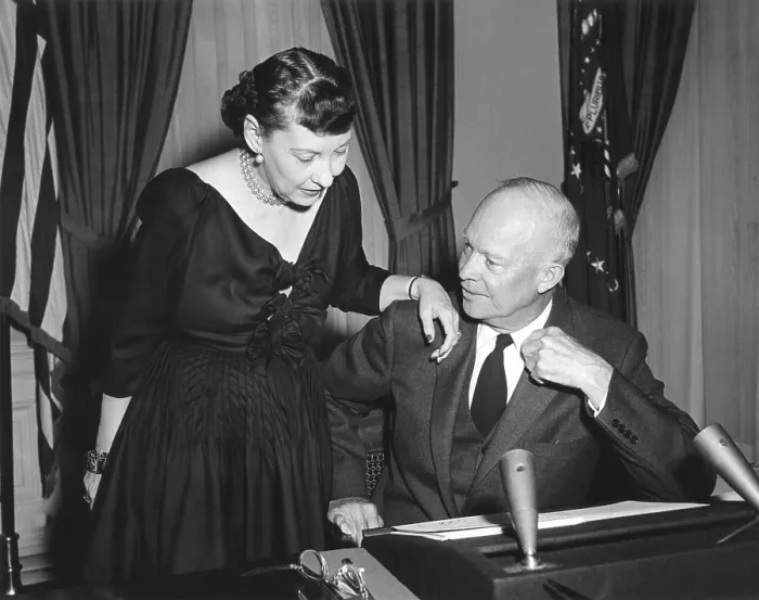 Framed Print : First Lady Mamie Eisenhower talks with the President before his Radio-TV address of Feb. 29, 1956 Framed Print : First Lady Mamie Eisenhower talks with the President before his Radio-TV address of Feb. 29, 1956