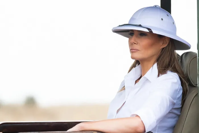 Framed Print : First Lady Melania Trump wearing a pith helmet on a safari tour on Oct. 5, 2018, at the Nairobi National Park in Nairobi, Kenya. (BSLOC_2018_8_195) Framed Print : First Lady Melania Trump wearing a pith helmet on a safari tour on Oct. 5, 2018, at the Nairobi National Park in Nairobi, Kenya. (BSLOC_2018_8_195)