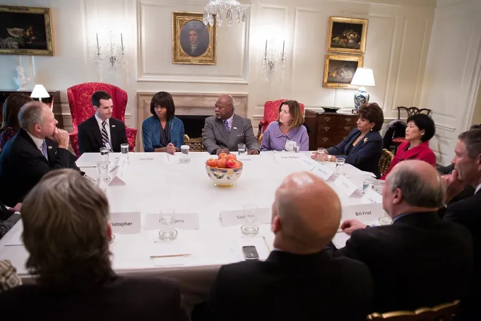 Framed Print : First Lady Michelle Obama attending a Partnership for a Healthier America board meeting. Map Room of the White House, March 6, 2013. (BSLOC_2015_13_179)