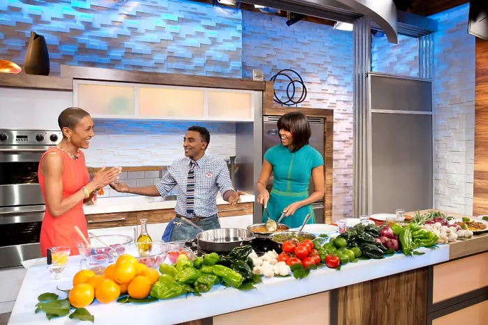 Framed Print : First Lady Michelle Obama, Good Morning America anchor Robin Roberts, and chef Marcus Samuelsson. They were promoting healthy cooking with vegetables. Feb. 22, 2013