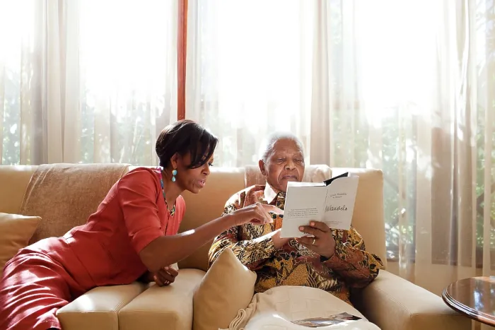 Framed Print : First Lady Michelle Obama meets with former President Nelson Mandela of South Africa. At Mandela's home in Houghton, South Africa, June 21, 2011