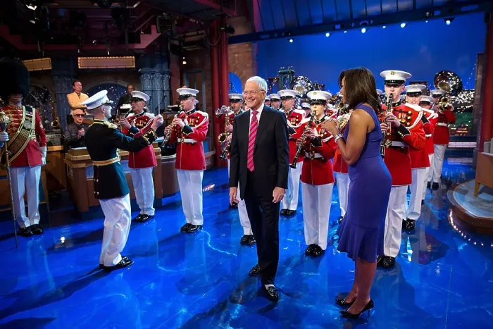 Framed Print : First Lady Michelle Obama surprises David Letterman with the United States Marine Band Framed Print : First Lady Michelle Obama surprises David Letterman with the United States Marine Band