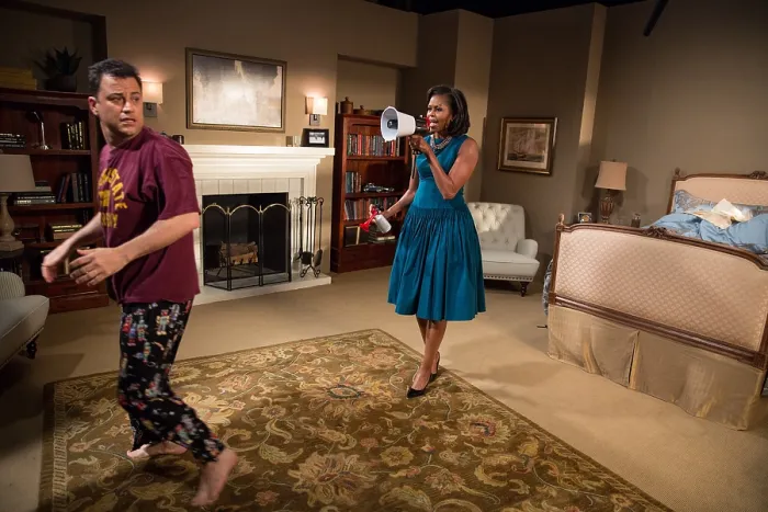 Framed Print : First Lady Michelle Obama tapes a skit with Jimmy Kimmel prior to their appearance for Jimmy Kimmel Live! at the El Capitan Theatre in Los Angeles, Calif. Oct