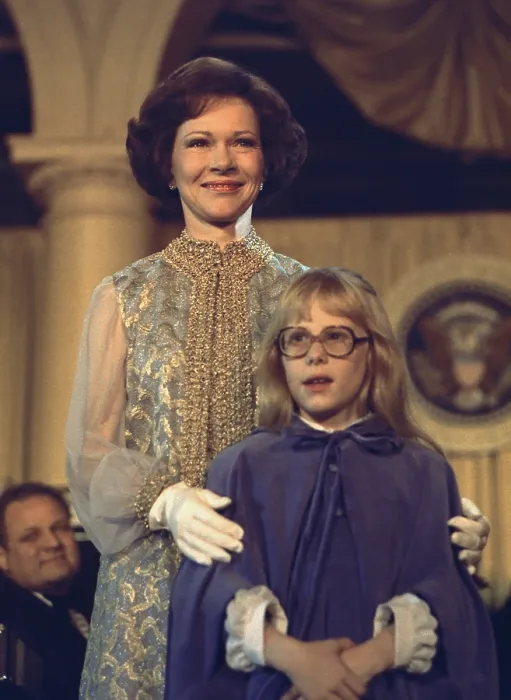 Framed Print : First Lady Rosalynn Carter and 10 year old daughter Amy attend an inaugural ball on January 20, 1977