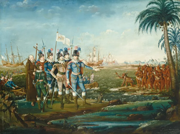 Framed Print : First Landing of Christopher Columbus, by Frederick Kemmelmeyer, c. 1800-05, American painting, oil on canvas. Columbus landing on San Salvador, in the Bahamas, on Oct. 12, 1492 Framed Print : First Landing of Christopher Columbus, by Frederick Kemmelmeyer, c. 1800-05, American painting, oil on canvas. Columbus landing on San Salvador, in the Bahamas, on Oct. 12, 1492