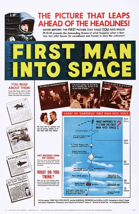 Framed Print : FIRST MAN INTO SPACE, top: Bill Edwards, bottom: Marla Landi on poster art, 1959 Framed Print : FIRST MAN INTO SPACE, top: Bill Edwards, bottom: Marla Landi on poster art, 1959