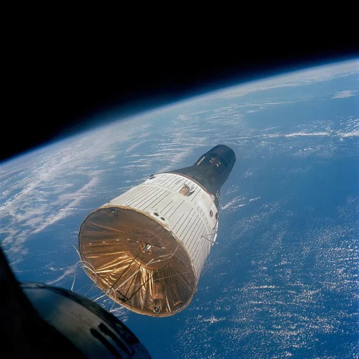 Framed Print : First manned Space rendezvous. Gemini 7 and Gemini 6 maneuvered together in Earth orbit. Image shows Gemini 7 from the Gemini 6. Dec. 15, 1965