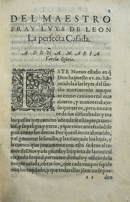 Framed Print : First page of Fray Luis de Len's work 'The Perfect Wife', written in 1583 and dedicated to Doa Mara Varela Osorio. SPAIN. Madrid. National Library Framed Print : First page of Fray Luis de Len's work 'The Perfect Wife', written in 1583 and dedicated to Doa Mara Varela Osorio. SPAIN. Madrid. National Library