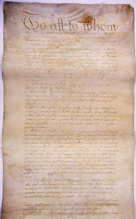 Framed Print : The first of four pages of The Articles of Confederation and Perpetual Union, were approved by Congress on Nov. 15, 1777 to establish a confederation of sovereign states