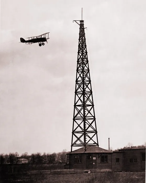 Framed Print : First radio beacon station, with the operating shack and antenna system at College Park, Maryland. Airplane used the radio signals for navigation. 1928