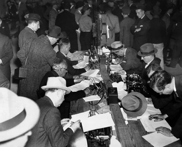 Framed Print : First reports of the Hindenburg disaster. Newspaper men and telegraph operators work together in the pressroom of Lakehurst Naval Air Station to report the Hindenburg disaster Framed Print : First reports of the Hindenburg disaster. Newspaper men and telegraph operators work together in the pressroom of Lakehurst Naval Air Station to report the Hindenburg disaster