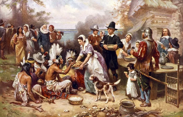 Framed Print : The first Thanksgiving, 1621, Pilgrims and natives gather to share a meal, oil painting by Jean Louis Gerome Ferris, 1932