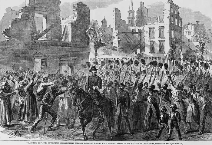Framed Print : The first Union troops to occupy surrendered Charleston, S.C. the Fifty-fifth Massachusetts Regiment on February 21, 1865 Framed Print : The first Union troops to occupy surrendered Charleston, S.C. the Fifty-fifth Massachusetts Regiment on February 21, 1865