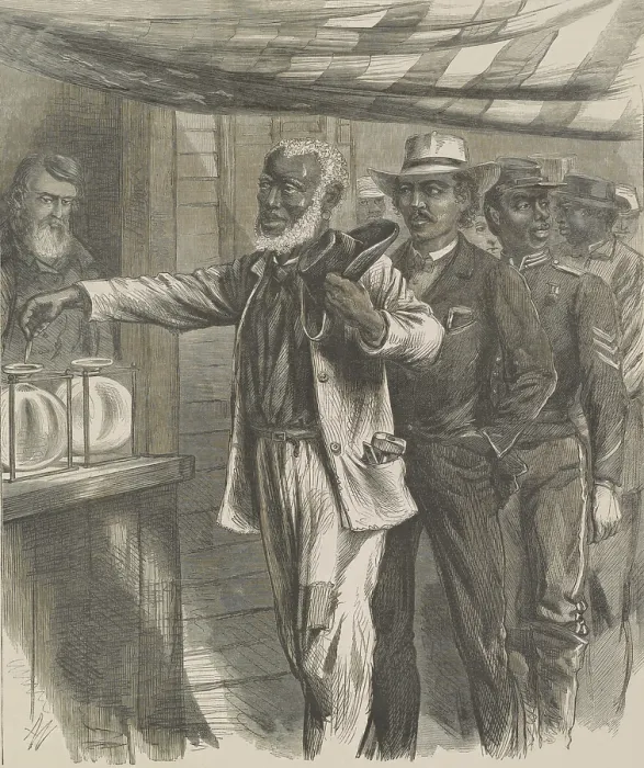 Framed Print : THE FIRST VOTE, by A.R. Waud, 1867, wood engraving published in Harpers Weekly. An elderly African American is at the head of a line of voters waiting to cast their ballots