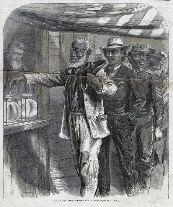 Framed Print : The First Vote. An elderly African American man casts his first vote. November 1867