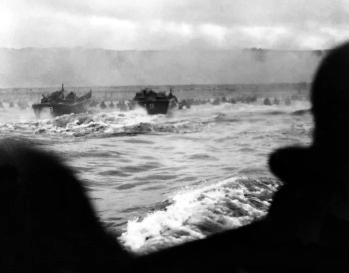 Framed Print : First wave of U.S. invasion troops approach Omaha beach during the D-Day invasion of Normandy