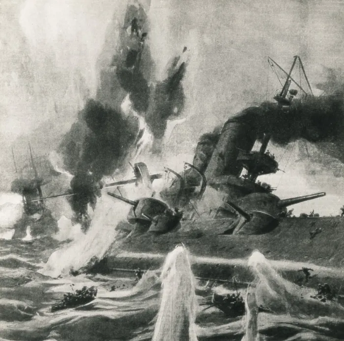 Framed Print : The first World war (1915). Battle of Dardanelles. Attack to an anglo-French fleet. Illustration by Achille Beltrame. AISA / Everett Collection (92343)**US SALES ONLY** Framed Print : The first World war (1915). Battle of Dardanelles. Attack to an anglo-French fleet. Illustration by Achille Beltrame. AISA / Everett Collection (92343)**US SALES ONLY**