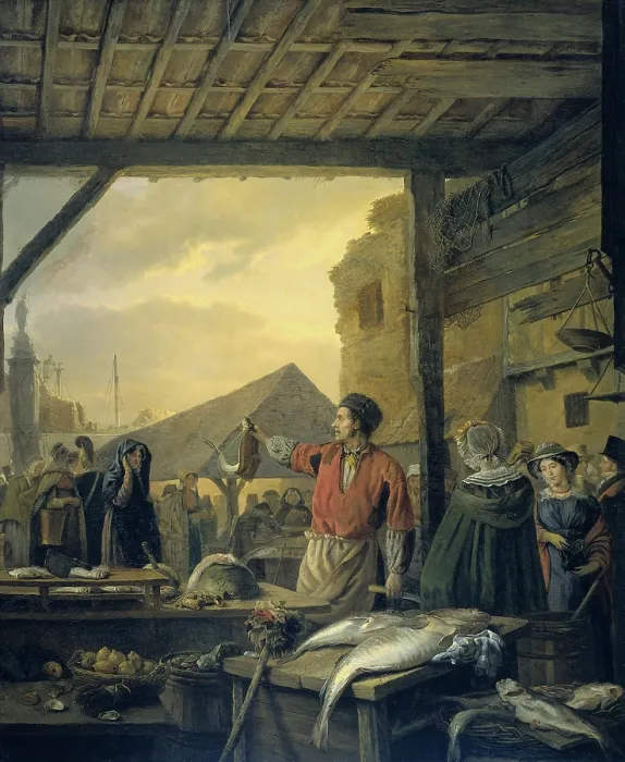 Framed Print : The Fish Market in Antwerp, by Ignatius Josephus Van Regemorter, 1827, Belgian painting, oil on panel. A fishmonger holds a fish up to a female customer (BSLOC_2016_2_166)