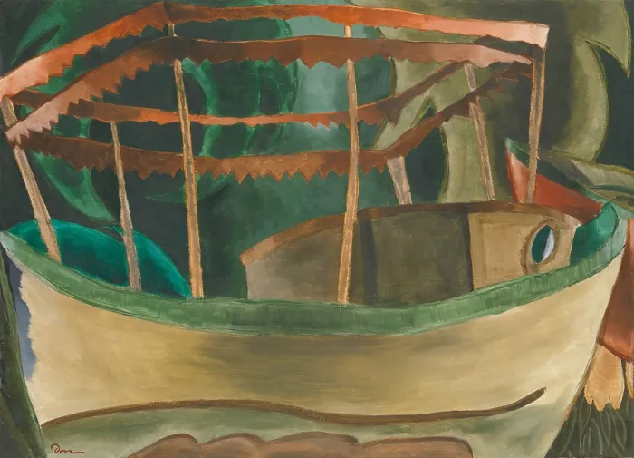 Framed Print : FISHBOAT, by Arthur Dove, 1930, American painting, oil on paperboard. Abstracted boat fills the artwork surface, with a background of modeled green shapes (BSLOC_2017_7_85) Framed Print : FISHBOAT, by Arthur Dove, 1930, American painting, oil on paperboard. Abstracted boat fills the artwork surface, with a background of modeled green shapes (BSLOC_2017_7_85)