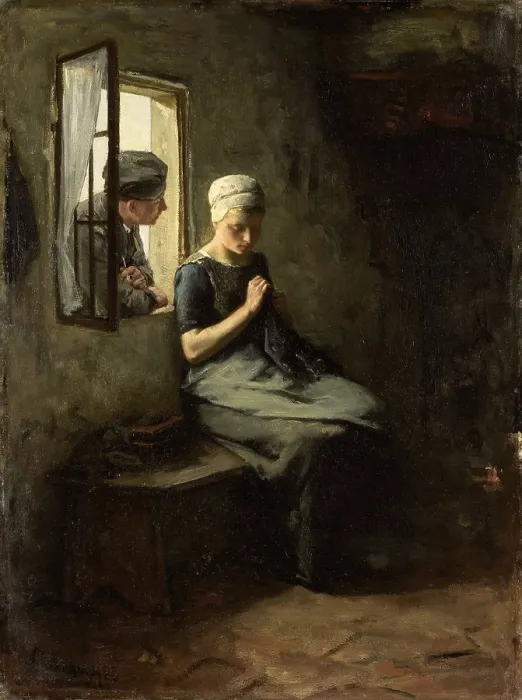 Framed Print : Fisherman's Courtship, by Albert Neuhuys, 1880. Dutch painting, oil on canvas. A young man leaning in a window to talk to girl sitting on a bench sewing. (BSLOC_2016_1_30)