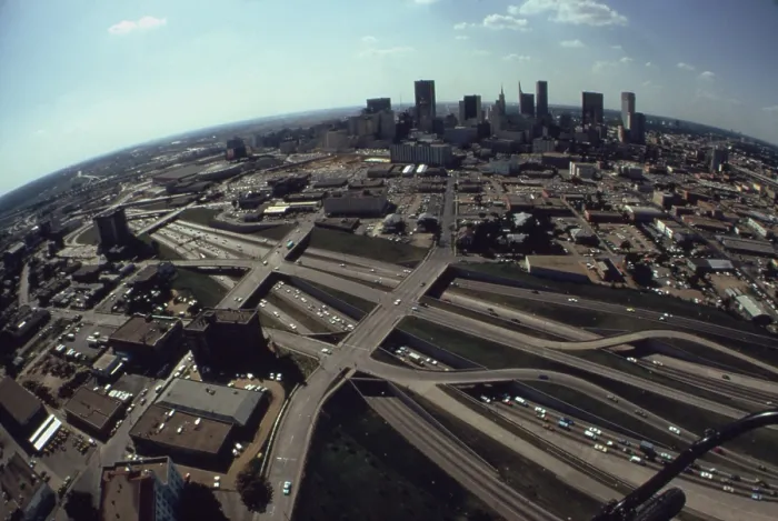 Framed Print : Fisheye aerial view of the complex concrete ribbons dividing and merging in Los Angeles. Ca. 1973-75