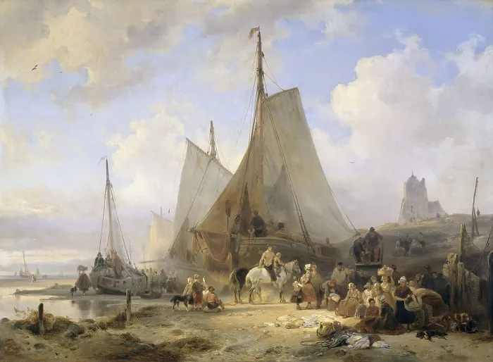 Framed Print : Fishing Boats on the Beach with Fishermen and Women Sorting the Catch, by Wijnand Nuijen, 1835, Belgian painting, oil on panel