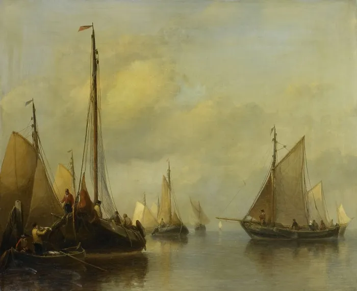 Framed Print : Fishing Boats on Calm Water, by Antonie Waldorp, 1840-50, Dutch painting, oil on panel. At left the catch is transferred to men in a row boat. (BSLOC_2016_1_235)