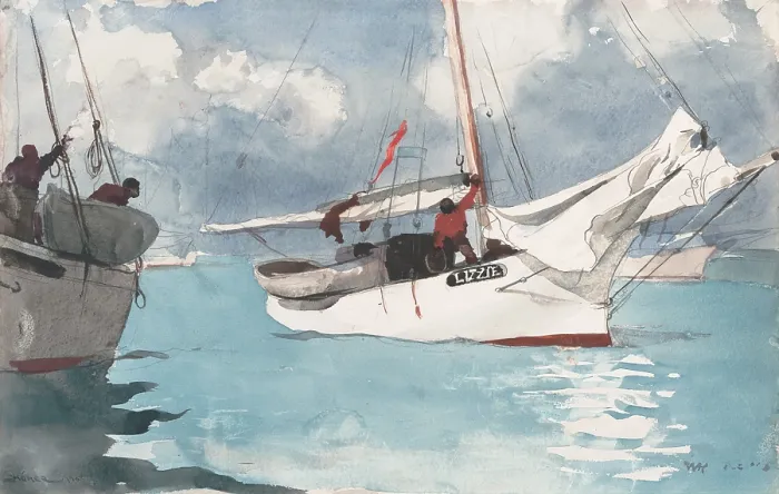 Framed Print : FISHING BOATS, KEY WEST, by Winslow Homer, 1903, American watercolor painting. African Americans man fishing boats At Key West, Florida Framed Print : FISHING BOATS, KEY WEST, by Winslow Homer, 1903, American watercolor painting. African Americans man fishing boats At Key West, Florida