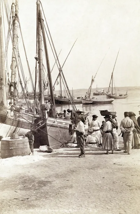 Framed Print : Fishing boats in Lisbon, Portugal, circa late 1800s
