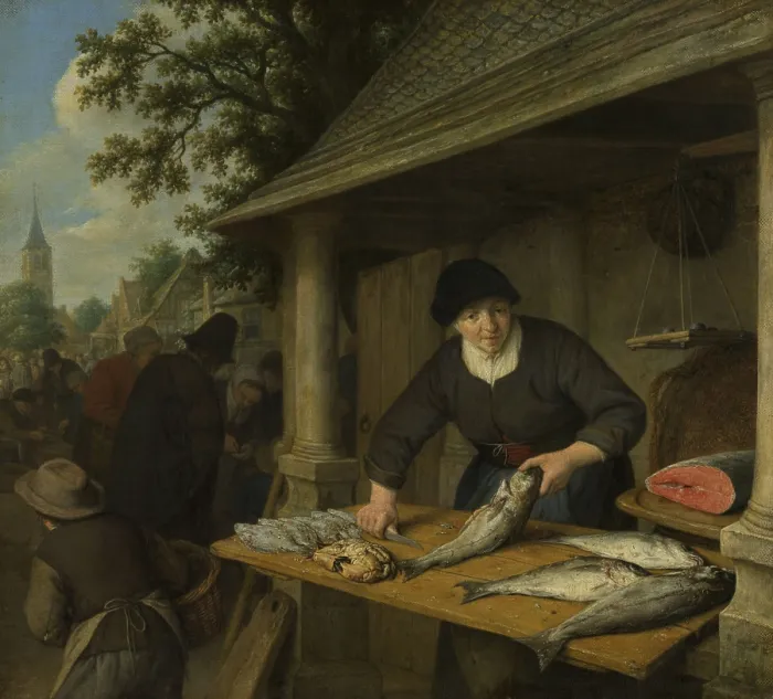 Framed Print : The Fishwife, by Adriaen van Ostade, 1672, Dutch painting, oil on canvas. A fishwife sells her husband's catch at a city market