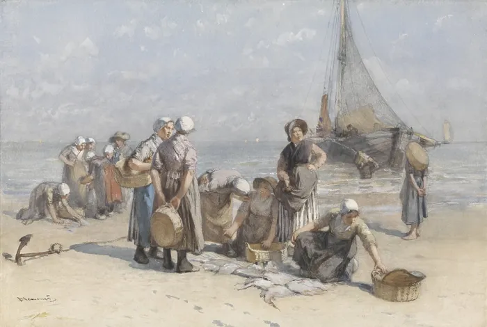 Framed Print : Fishwives on the Beach at Scheveningen, by Bernardus Johannes Blommers, c. 1880-85, Dutch painting, watercolor