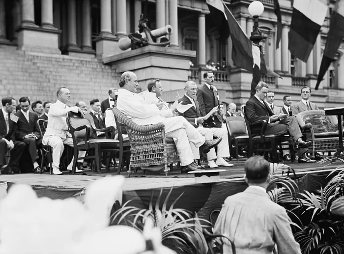 Framed Print : Flag Day Commemoration on the steps of the Navy Building, June 14, 1914. Seated in the front row from left: Sec