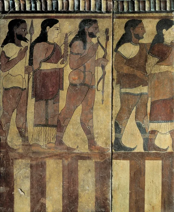 Framed Print : Flagstone depicting a retinue. 550 -525 BC. Painting on polychrome terra-cotta. Etruscan art. Terra-cotta; Painting. FRANCE. Paris. Louvre Museum. Proc: ITALY. Cerveteri