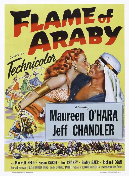 Framed Print : FLAME OF ARABY, US poster art, from left: Maureen O'Hara, Jeff Chandler, 1951