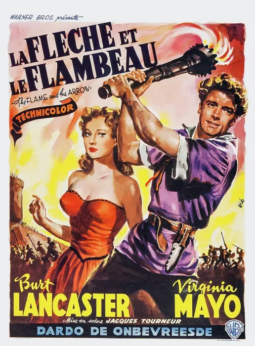 Framed Print : THE FLAME AND THE ARROW, (aka LA FLECHE ET LE FLAMBEAU), l-r: Virginia Mayo, Burt Lancaster on Belgian poster art, 1950